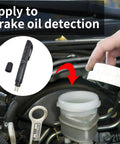 Pen Style Brake Fluid Tester With Five LED Indicators For Quick DOT 3 DOT 4 DOT 5.1 Fluid Check in use near car brake reservoir