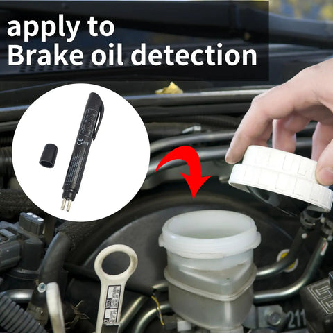 Pen Style Brake Fluid Tester With Five LED Indicators For Quick DOT 3 DOT 4 DOT 5.1 Fluid Check in use near car brake reservoir
