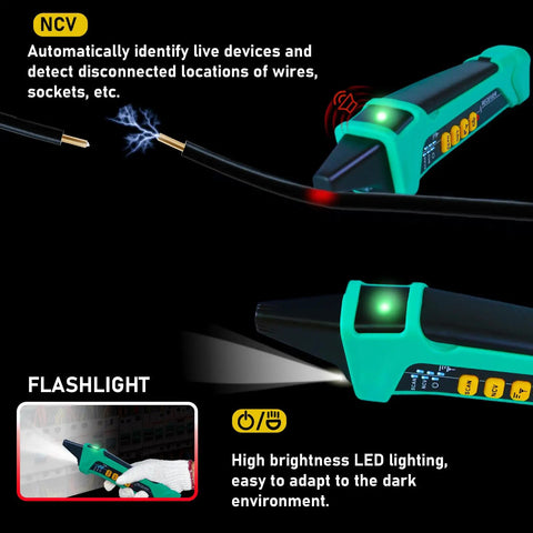 Digital Circuit Breaker Finder With NCV Tester, Built-In Flashlight, Voltage Tester, GFCI Outlet Tester, Model XT-33A in use.