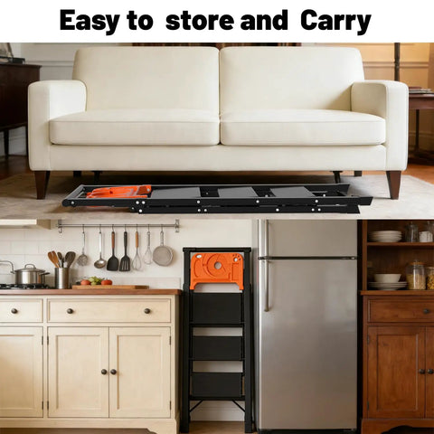 Aluminum Three Step Ladder With Tool Tray 600 Lbs Heavy Duty Lightweight Step Stool With Extended Handrails And Work Platform For Home Maintenance And DIY Projects Black And Orange folded and stored under sofa, compact in kitchen