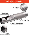12 Piece Hollow Leather Punch Set Made Of Steel, showing close-up of 3/4 inch punch with clear scale, anti-slip grip, and heat-treated steel.