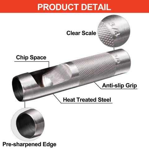 12 Piece Hollow Leather Punch Set Made Of Steel, showing close-up of 3/4 inch punch with clear scale, anti-slip grip, and heat-treated steel.