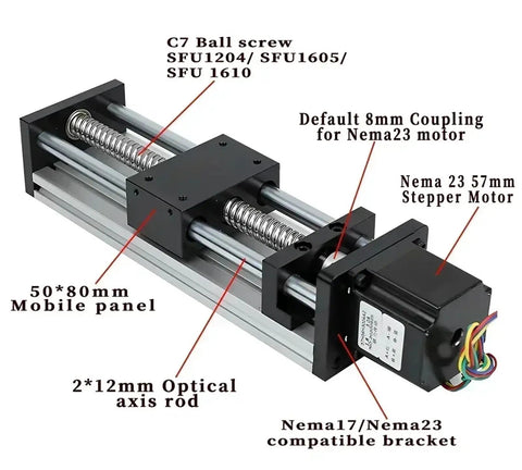 80mm Width Ballscrew Slide Table SFU1605 CNC Linear Stage Motion Module With NEMA23 57mm Motor Kit 100mm To 300mm Travel Heavy Duty Rig For Precision Milling And Robotic Add Ons Max Load 40Kg, shown with 50x80mm panel and 12mm guide rods
