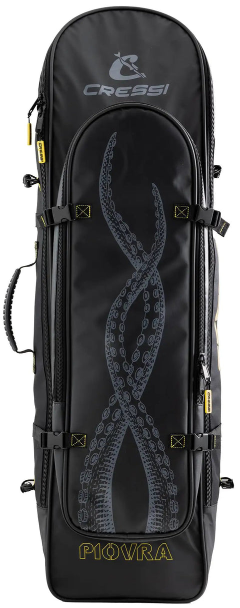 Front view of Piovra Dry Dry Backpack For Freediving And Spearfishing Gear With Water-Repellent Material, 90 L Capacity, Black And Yellow