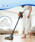 Woman using vacuum with Rocket Vacuum Filter Replacement Kit Nine Pack With Foam Pre Motor And Post Motor Felt Filters visible.