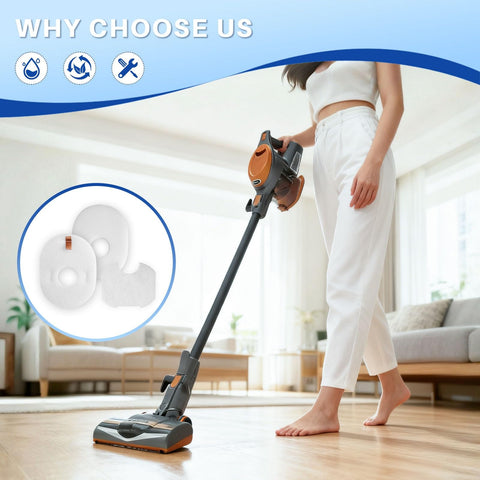 Woman using vacuum with Rocket Vacuum Filter Replacement Kit Nine Pack With Foam Pre Motor And Post Motor Felt Filters visible.