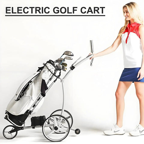 Electric Golf Push Cart With Wireless Remote And Three Wheel Frame For Lazy Tee Time Cruising And Steep Hill Climbs handles golf clubs.