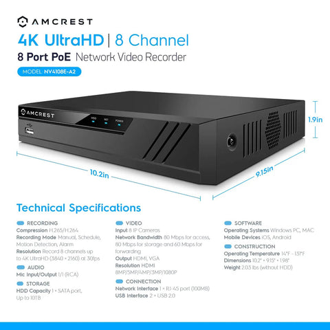 Front angle view of Eight Channel PoE NVR for 4K security cameras with tech specs, real-time 30 fps playback, supports up to 10TB HDD.