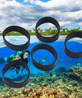 5 Pack Rubber Fixing Straps For Diving Weight Belts And Backplates, shown over underwater scene with diver and coral reef.
