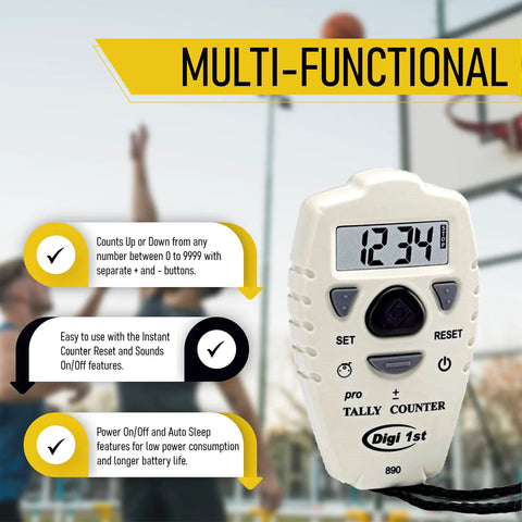 Slick Digital Tally Counter With Up And Down Clicker For Golf Laps Knitting And Crowd Counting, displaying count screen and buttons.