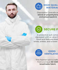 White Disposable Coveralls With Hood For Men And Women Pack Of 5 Microporous Lab Painter Hazmat Suits With Storm Flap Zipper 60 GSM Large Durable Go To Workwear Dust Proof Chemical Resistant Protection For Work, shown on model