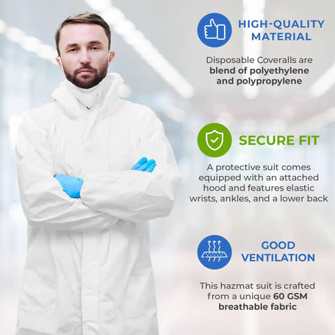 White Disposable Coveralls With Hood For Men And Women Pack Of 5 Microporous Lab Painter Hazmat Suits With Storm Flap Zipper 60 GSM Large Durable Go To Workwear Dust Proof Chemical Resistant Protection For Work, shown on model