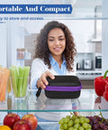 Woman placing Purple 6 Slot Peptide Vial Storage Case For 3ml 10ml 30ml Bottles Insulin Organizer in fridge next to vegetables.
