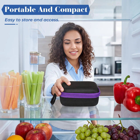 Woman placing Purple 6 Slot Peptide Vial Storage Case For 3ml 10ml 30ml Bottles Insulin Organizer in fridge next to vegetables.