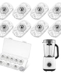 8 Pcs Tiny Self Adhesive Caster Wheels Set With 360 Degree Swivel For Tight Spaces No Drill Needed Heavy Duty ABS And Stainless Steel Construction Easy Glide For Trash Cans Bins Storage Boxes Furniture And Kitchen Appliances shown with a box and blender in the image.
