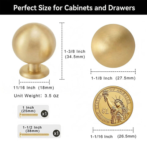 10 Pack Solid Brass Cabinet Knobs Round Ball Gold Pulls For Dresser And Cabinets 1.1 Inch Diameter Brushed Brass Finish