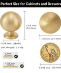 Solid Brass Cabinet Knobs 1.1 Inch Round Ball Gold Brushed Finish Dresser Drawer Pulls 15 Pack Sphere Cabinet Knobs For Kitchen Bathroom Cabinets Beefy Durable Hardware Upgrade dimensions and screw sizes shown.