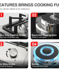 Two Burner Portable Gas Stove On The Go With Stainless Steel Build For RVs Apartments And Outdoor Kitchens 12 Inch Cooktop Dual Fuel LPG Or NG Easy To Clean And Durable Built In Gas Cooktop showing grates, ignition, knobs, and burner