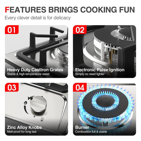 Two Burner Portable Gas Stove On The Go With Stainless Steel Build For RVs Apartments And Outdoor Kitchens 12 Inch Cooktop Dual Fuel LPG Or NG Easy To Clean And Durable Built In Gas Cooktop showing grates, ignition, knobs, and burner