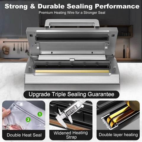 Pro Grade Food Vacuum Sealer Machine Fully Automatic Sealing System With Double Heat Seal Technology in grey with built-in cutter.
