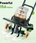 Powerful 1800W Corded Garden Tiller with 18-Inch Wide Till highlighted next to its 400 RPM feature