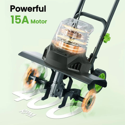 Powerful 1800W Corded Garden Tiller with 18-Inch Wide Till highlighted next to its 400 RPM feature