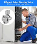 Installed view: BPV-31 bullet piercing valve for refrigerators; 10-piece set for 1/4–3/8 in pipes.