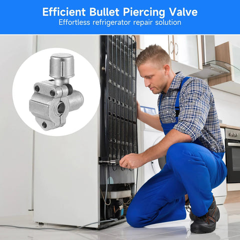 Installed view: BPV-31 bullet piercing valve for refrigerators; 10-piece set for 1/4–3/8 in pipes.