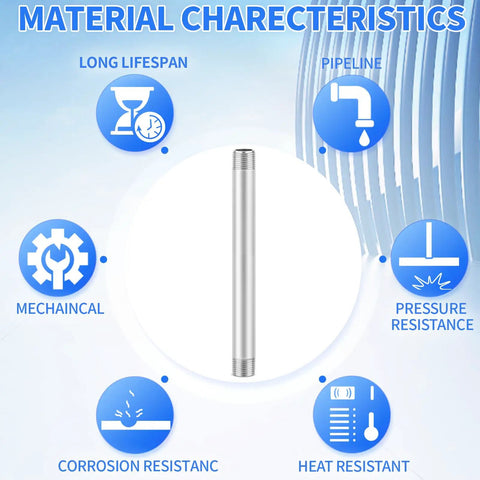 Stainless Steel 304 Pipe Fitting Nipple 1/2 NPT Male To 1/2 NPT Male, 10 Inch Length, surrounded by material characteristics icons.