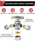 Lead Free Brass Angle Stop Valve Dual Outlets with chrome plated finish, showcasing anti-leak features and leakproof clamp ring.