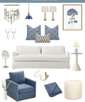 Azure Blue Hydrangea Block Print Throw Pillow Cover 20x20 Indoor Outdoor Water Repellent For Patio Backyard And Couch With Invisible Zipper And Linen Blend Cozy Vibe Finish, blue patterned pillow on sofa