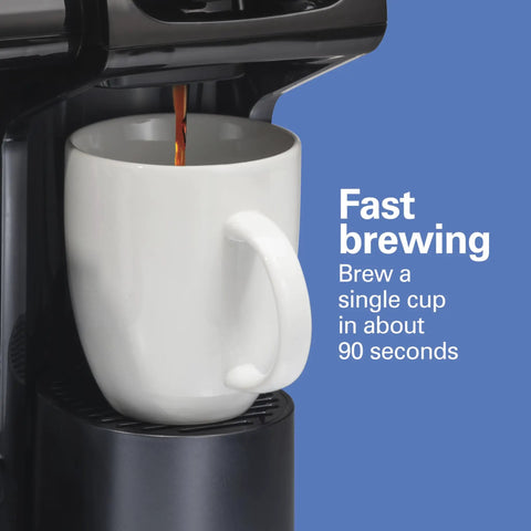 Solid Trio Coffee Maker Bundle Comes With Two Fresh Water Filter Pods And Swift Single Serve Option For Real Good Morning Coffee In Sleek Black Cabinet; brewing coffee into a white mug in 90 seconds.