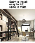 Home office with Sliding Barn Door Track Kit With Rolling Ladder Hardware, aluminum ladder for high shelves, floor roller wheels visible