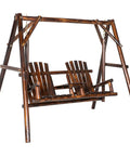 Wooden Porch Swing With Stand Two Seat Patio Swing Chair With Center Table For Garden Poolside Backyard Outdoor Adirondack Rustic Fir Log Design With Carbonized Finish
