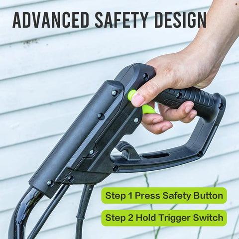 Close-up of the handle of 18 Inch Electric Tiller Cultivator With 8.7 Inch Depth And 24 Steel Tines, showing safety button and trigger switch.