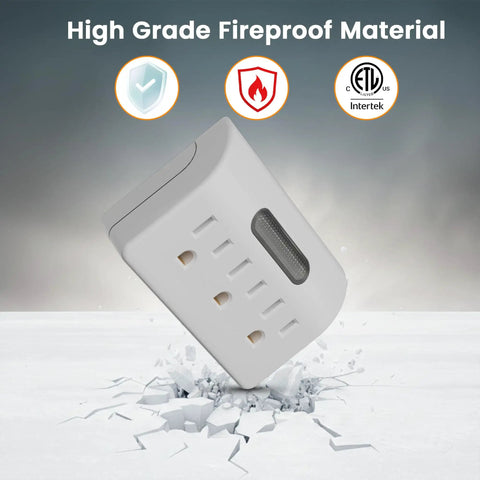 Plenty Of Power Now Super Slim 3 Plug Extender With Soft Led Guide Light 1875W grounded wall splitter on a cracked surface.