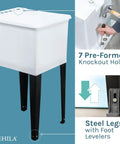 Must Have Space Saving Utility Sink Kit with white 16 gallon thermoplastic tub, metal legs, 7 pre-formed knockout holes visible