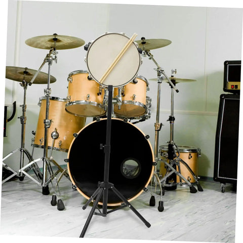 Badass Telescopic Drum Rack Storage Setup For Practice Pads Snare Brackets with snare on black stand in music studio.