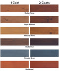 Badass Semi Transparent Outdoor Wood Stain And Sealer Combo Natural Pine Color One Gallon Bucket 1 and 2 coat wood stain color samples.