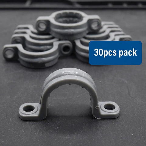 Thirty Pack Real Heavy Duty Three Quarter Inch Pvc Conduit Clamps Flexible Two Hole U Clip Pipe Mounting Straps for wire organization.