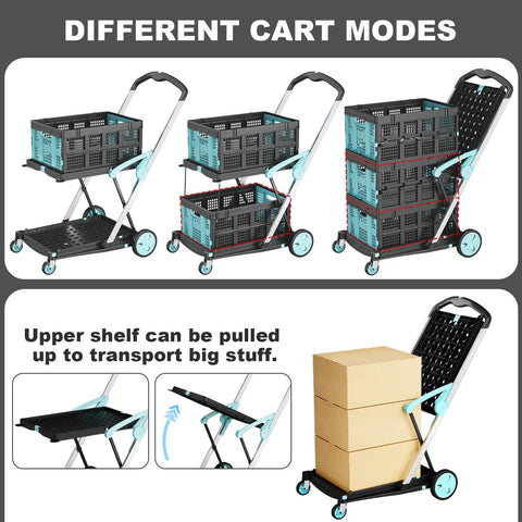 Heavy Duty Foldable Grocery Cart on Wheels, 200 Lbs Capacity with configurations and collapsible crates for easy storage