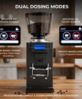 Pro Commercial Coffee Grinder With 64mm Flat Burr And Smart Touch Screen Weight Based Dosing For Espresso Brewing Featuring Programmable Presets, showcasing HD touch screen and dual dosing modes.