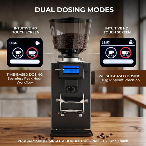 Pro Commercial Coffee Grinder With 64mm Flat Burr And Smart Touch Screen Weight Based Dosing For Espresso Brewing Featuring Programmable Presets, showcasing HD touch screen and dual dosing modes.