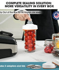 Person using 12 Inch Vacuum Sealer For Liquids And Moist Foods with jars of tomatoes, built-in cutter, and roll storage.