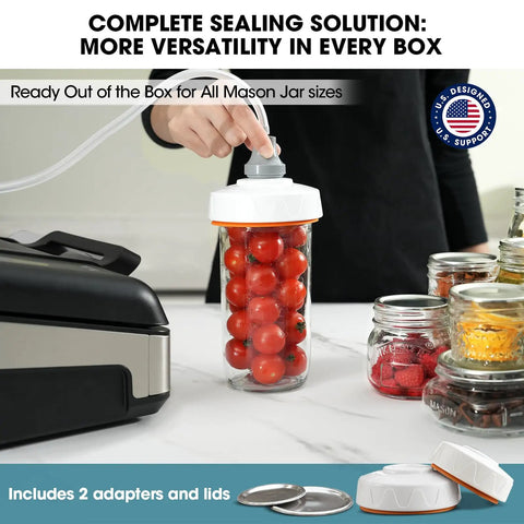 Person using 12 Inch Vacuum Sealer For Liquids And Moist Foods with jars of tomatoes, built-in cutter, and roll storage.