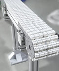 Heavy Duty Pom Ball Bearing Conveyor Chain Flexible Turning Roller Belt Modular Transfer Plate For Industrial Sorting Lines Built Tough With Smooth Operator Rollers That Crush Heavy Workloads, showing detailed white rollers and track.