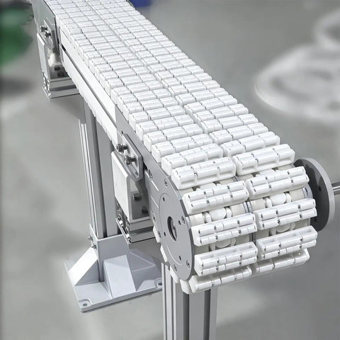 Heavy Duty Pom Ball Bearing Conveyor Chain Flexible Turning Roller Belt Modular Transfer Plate For Industrial Sorting Lines Built Tough With Smooth Operator Rollers That Crush Heavy Workloads, showing detailed white rollers and track.