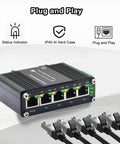 Five Port Gigabit PoE Switch With One Uplink Port For DIN Rail Mount IEEE 802.3af At Power Over Ethernet displayed with Ethernet cables