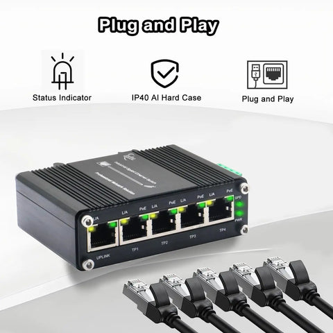 Five Port Gigabit PoE Switch With One Uplink Port For DIN Rail Mount IEEE 802.3af At Power Over Ethernet displayed with Ethernet cables