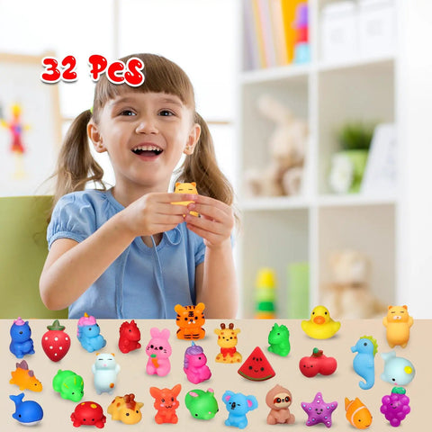 A girl smiling while holding a yellow mochi squishy toy among a colorful assortment of 32 pieces from the Premium Total Knockout 32 Pack Mochi Squishy Toys Kawaii Animals Slow Rising Party Favors And Goodie Bag Stuffers Dope Birthday Gifts Stress Relief Sensory Fidget Fun.